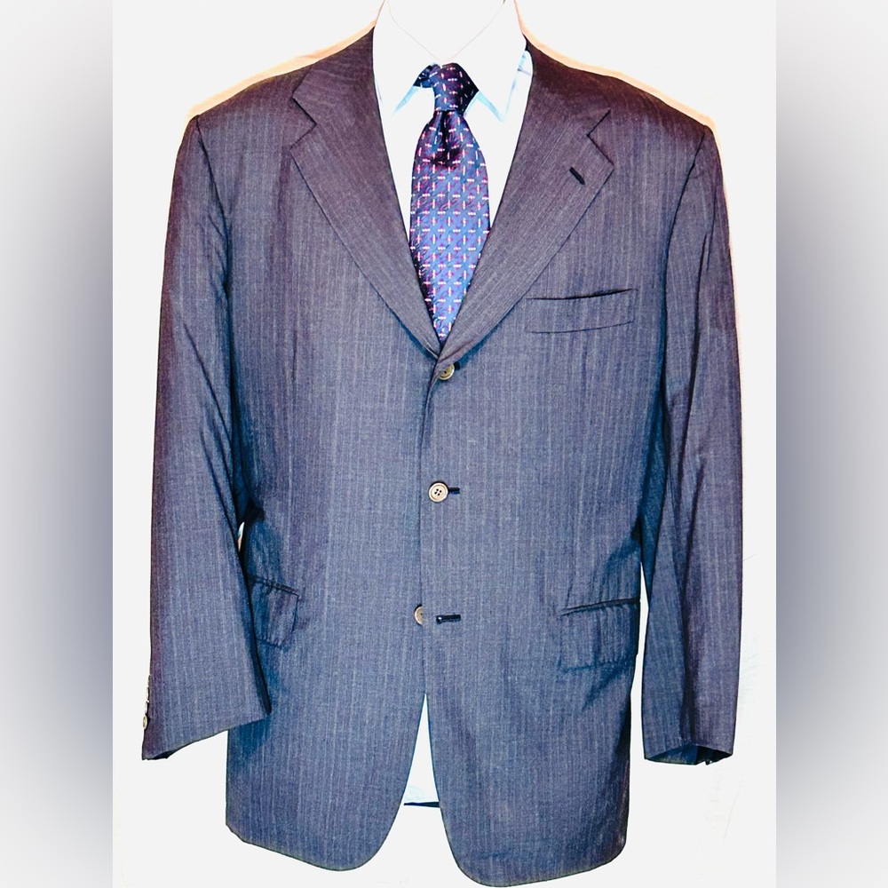 Kiton Single Breasted Three Roll Two Gray Pinstripe Suit